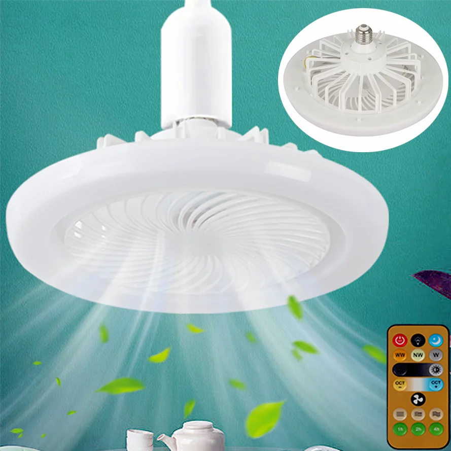 Ventilador de teto com lâmpada de iluminação, 30W, E27, Converter Base, Controle Remoto para Quarto, Living Home, Silent Home Lights, AC 85-265V