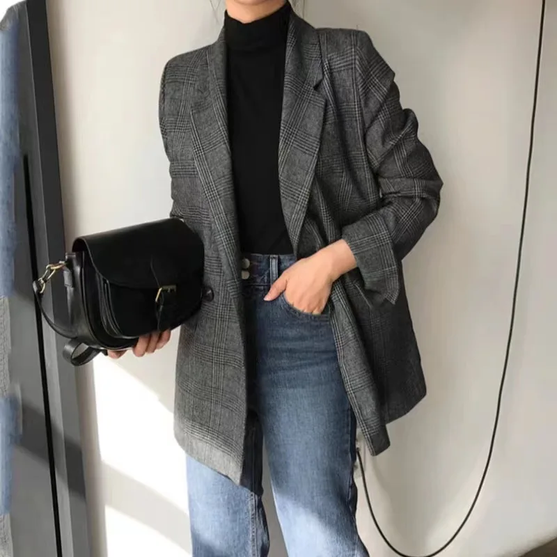 Lemongor Donna Elegante Plaid Doppio Petto Blazer Allentato Maniche Lunghe Casual Ufficio Lavoro Giacca Formale Capispalla 2026