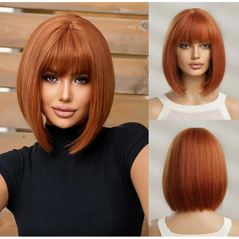 

Wig Layered Straight with Bangs Auburn / Copper / Red Bob heat resistant Hair