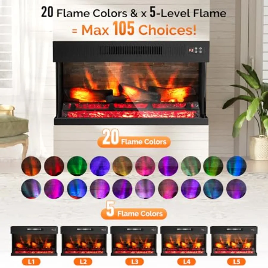 36 Inch 3-Sided Glass Electric Fireplace Insert with Remote Control Wall Mounted Recessed Heater 8H Timer 20 Flame Colors for I