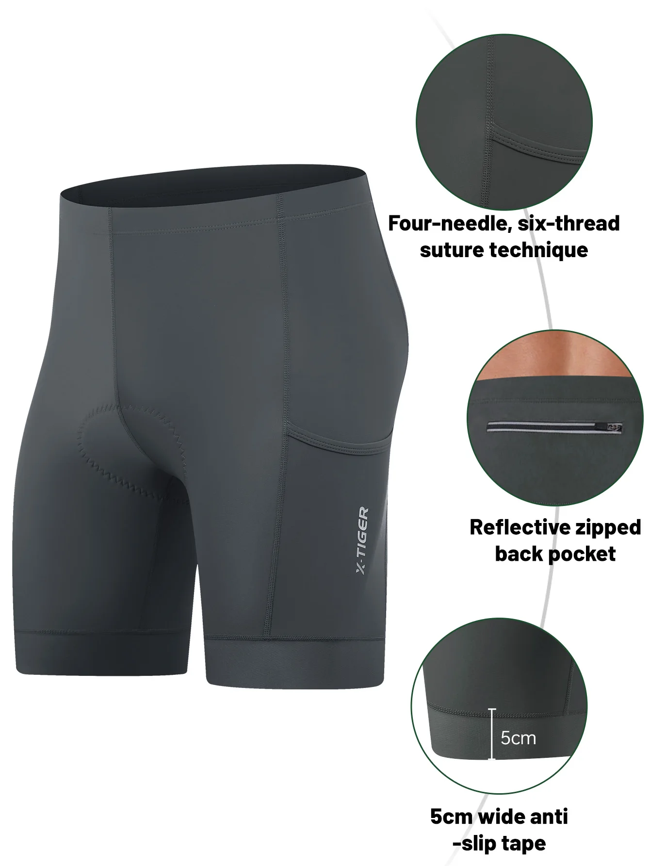 X-TIGER Fietsonderbroek voor heren, 5D gevoerde fietsbroek voor heren, fietsonderbroek, MTB-ondergoed, korte broek, zwart-grijs, 3XL