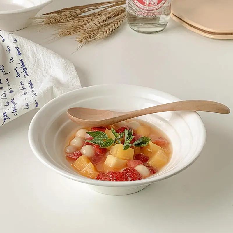 Pure White Horn Mouth Ramen Bowls Japanese Style Simple Ceramic Salad Tableware Cross-striation Porcelain Bowl