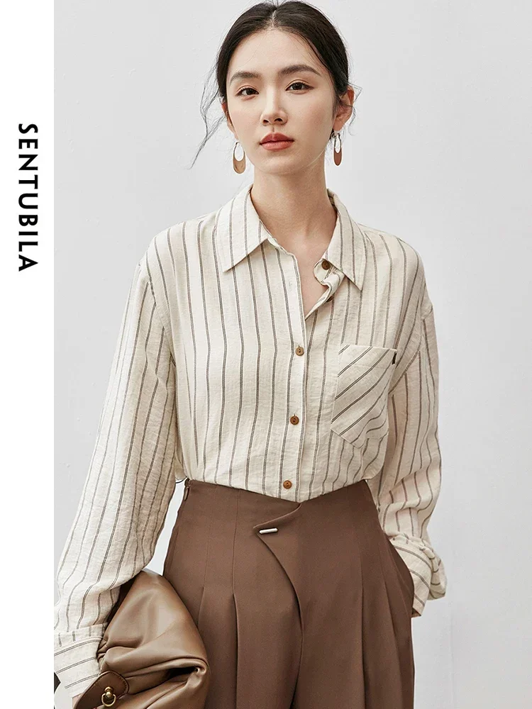 SENTUBILA Women Linen Spliced Striped Shirt  2024 Autumn Casual Loose Turn Down Collar Letter Embroidery  Blouse 143C56024