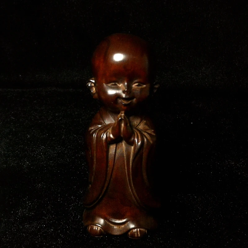 YIZHU CULTUER ART Size 3.2 Inch Old Chinese Boxwood Hand Carved boy lad Buddha Figure Statue desk Decoration Gift Collection