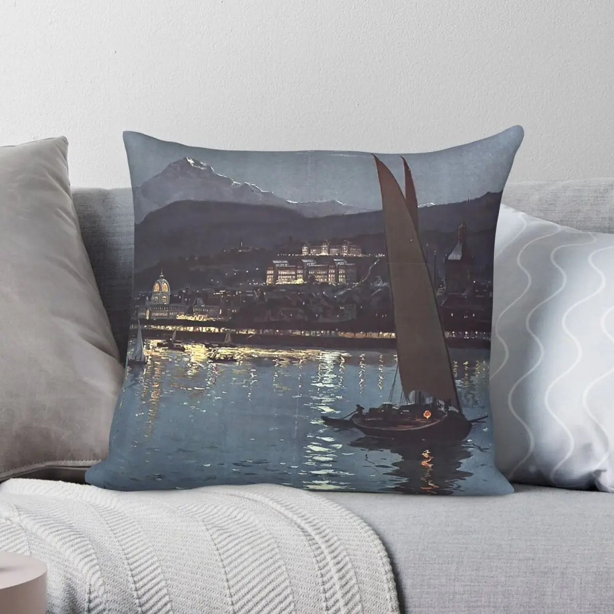 Funda de almohada decorativa con cremallera, de poliéster, lino y terciopelo, con estampado francés, Travel Evian Les Bains, funda de cojín para sofá
