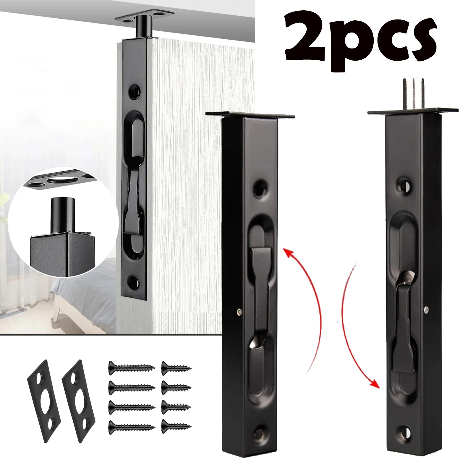 2Pcs 8 Inch Door Bolts Stainless Steel Concealed Security French Door Locks with Hardwares for Composite Wood Double Dummy Door