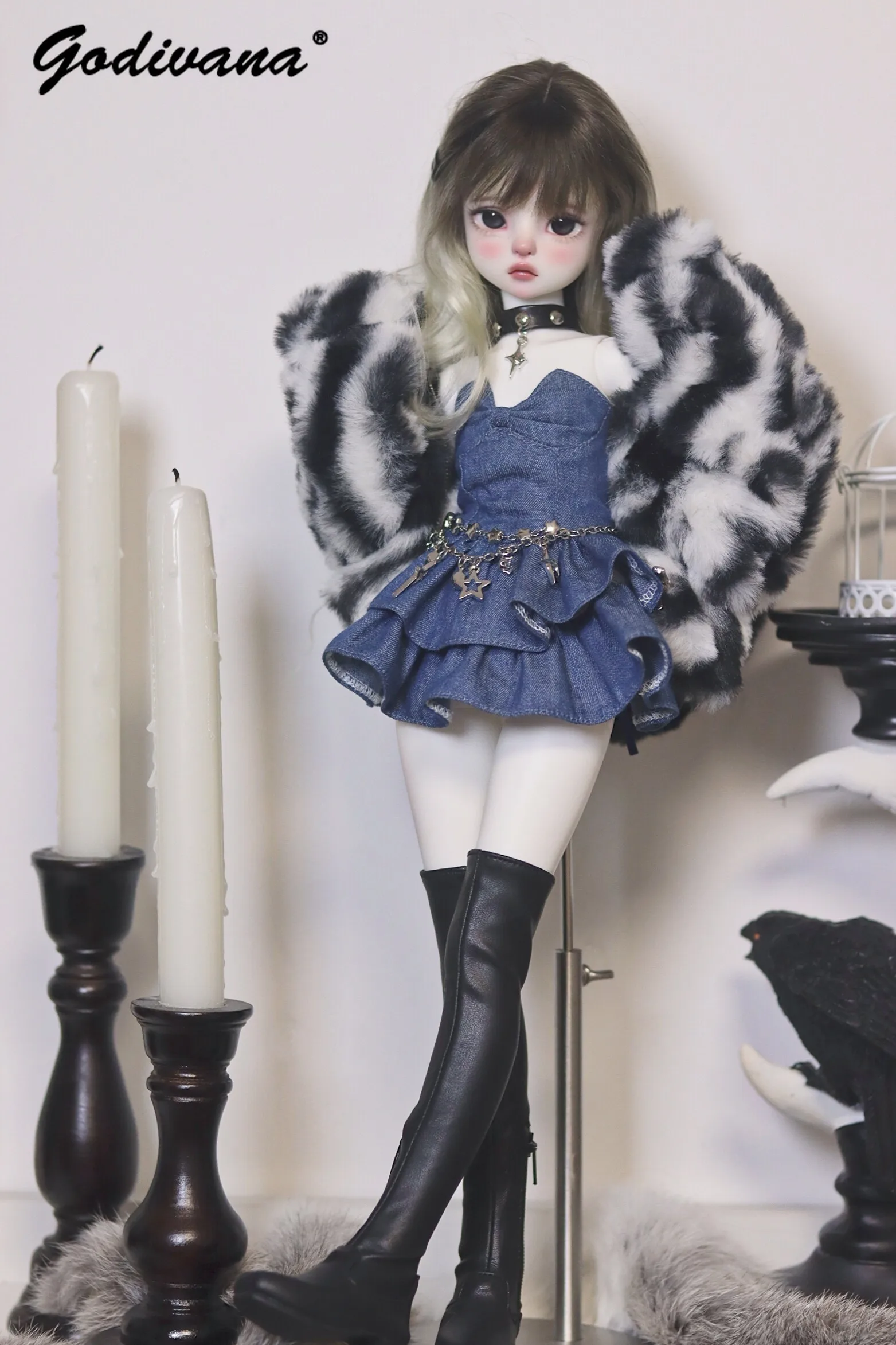 Cool Street‑Style Y2K 1/4 BJD Doll Dress Blue Denim Strapless Gown Star Pendant Chain Ruffled Layered Mini Skirt Doll Costume - view 2
