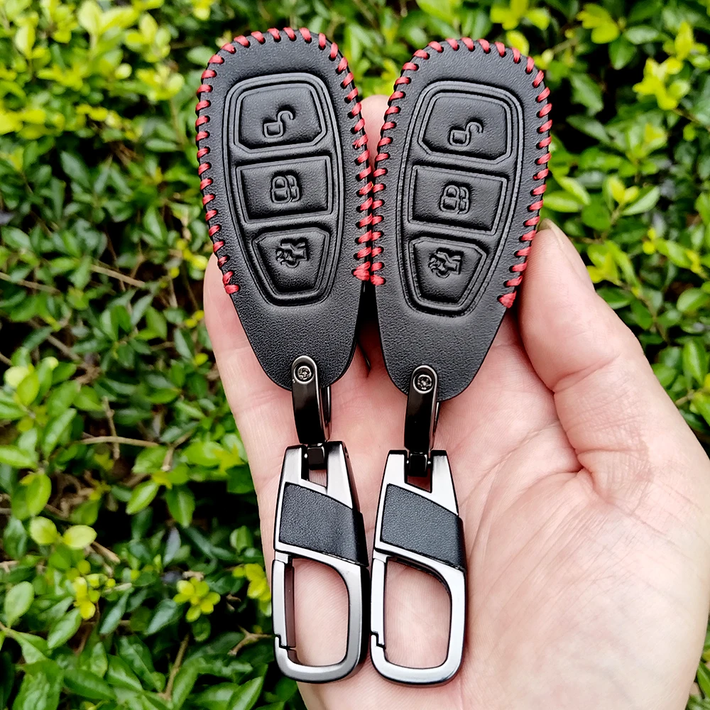 3 Buttons 100% Leather Car Key Case For Ford C-Max Mondeo Kuga Fiesta Titanium Ford Focus 3 4 ST MK3 MK4 Key Fob Cover Case Bag