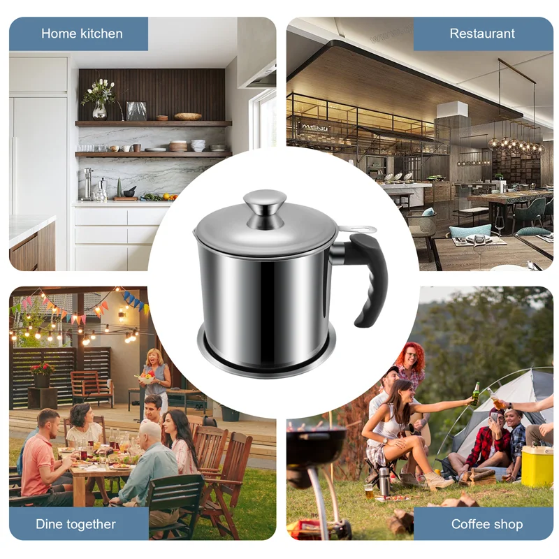 Contenitore per grasso PB-Bacon con filtro Contenitore per olio in acciaio inossidabile da 48 Oz Lattina per olio con coperchio Lattina per olio con manico facile da impugnare