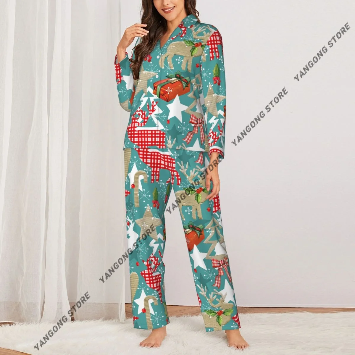 Christmas Reindeer Forest Collage Vintage Pattern Womens Pajamas Loungewear Two-piece Button-Down Full Sleeve Long Pajamas Set