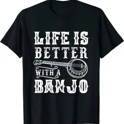 Life is Better With A Banjo Men Retro T-shirts With Bluegrass Unisex Vintage Cotton Tee Shirts Man Fashion Guitar Lovers T-shirt