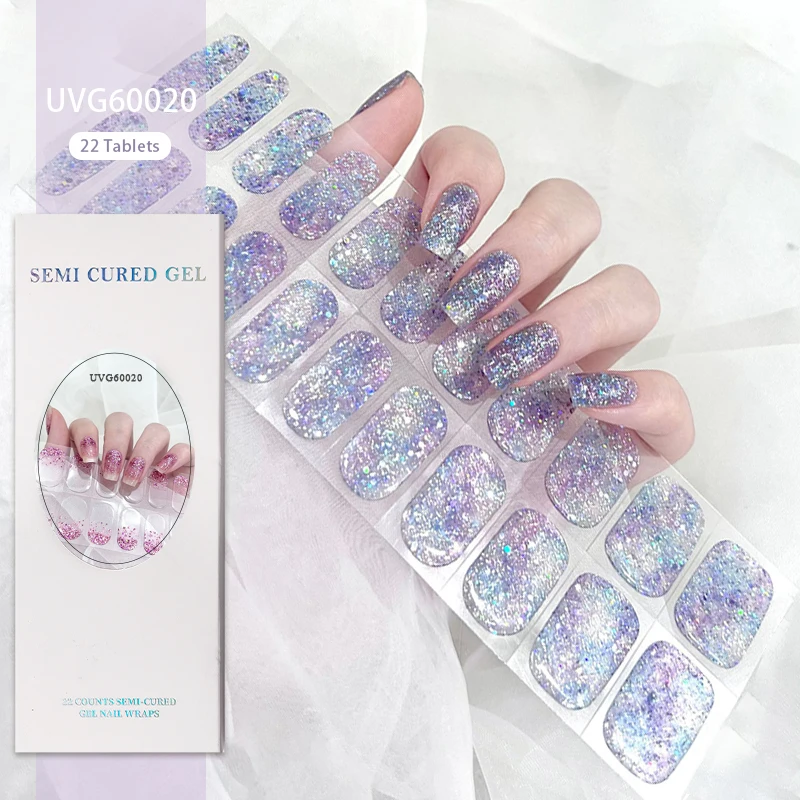 Autocollants pour ongles en gel semi-durci UV Starlight, fond blanc, étanche, semi-cuit, couverture complète, lampe UV requise, 22 pointes