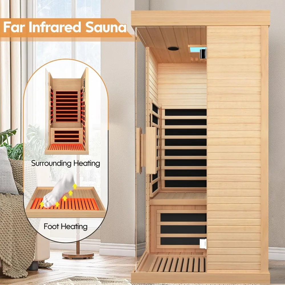 Sauna Room Indoor Far Infrared Home Canadian Hemlock 1420 W Low-EMF Dry Saunas Single Person Spa with Oxygen Bar 7 Color Therapy