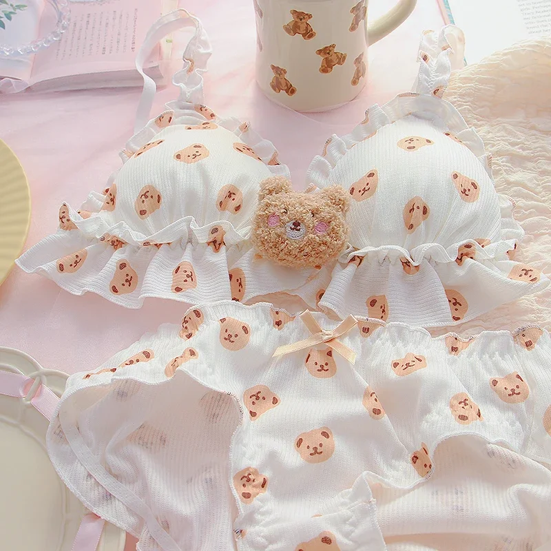 Ensemble soutien-gorge et culotte Little Bear pour filles, soutien-gorge Push Up Kawaii, soutien-gorge rembourré Lolita, dessin animé japonais, sous-vêtements doux et mignons, ensemble bralette fine
