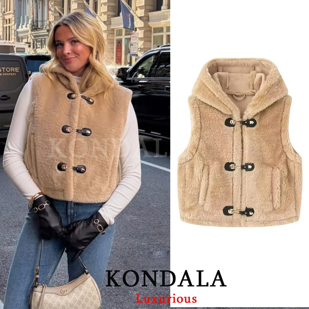 

KONDALA Casual Fleece Hooded Waistcoats Women Chic Khaki Buttons Pockets Sleeveless Jackets Fashion 2025 Thick Warm Outwears