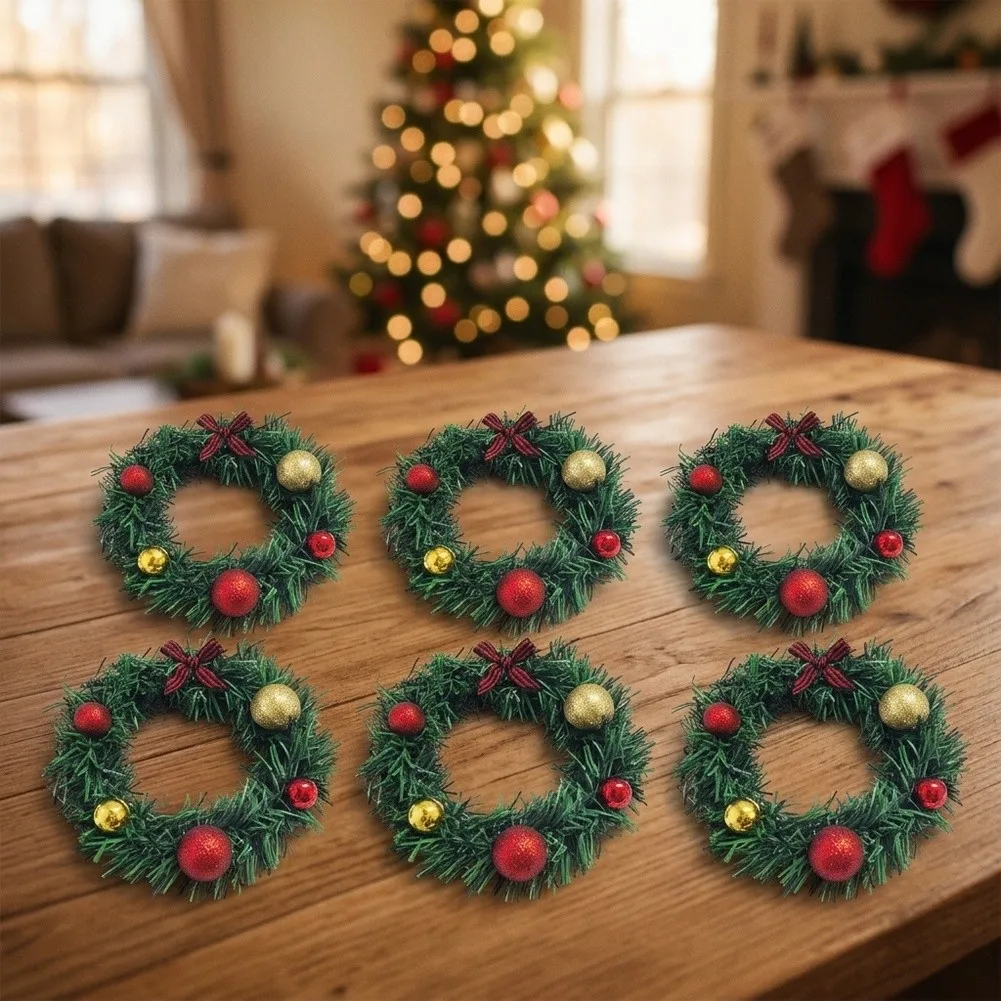 For Mini Christmas Wreath Ornament Set 6PCS Faux Pine Branches Red Gold Baubles Plaid Bow for Holiday Tree Shelf Display