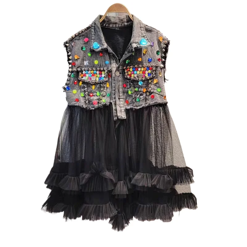 

Heavy Industry Nail Bead Diamond-encrusted Splicing Mesh Yarn Cowboy Waistcoat. Ladies' Fashionable Retro and Trendy Waistcoat