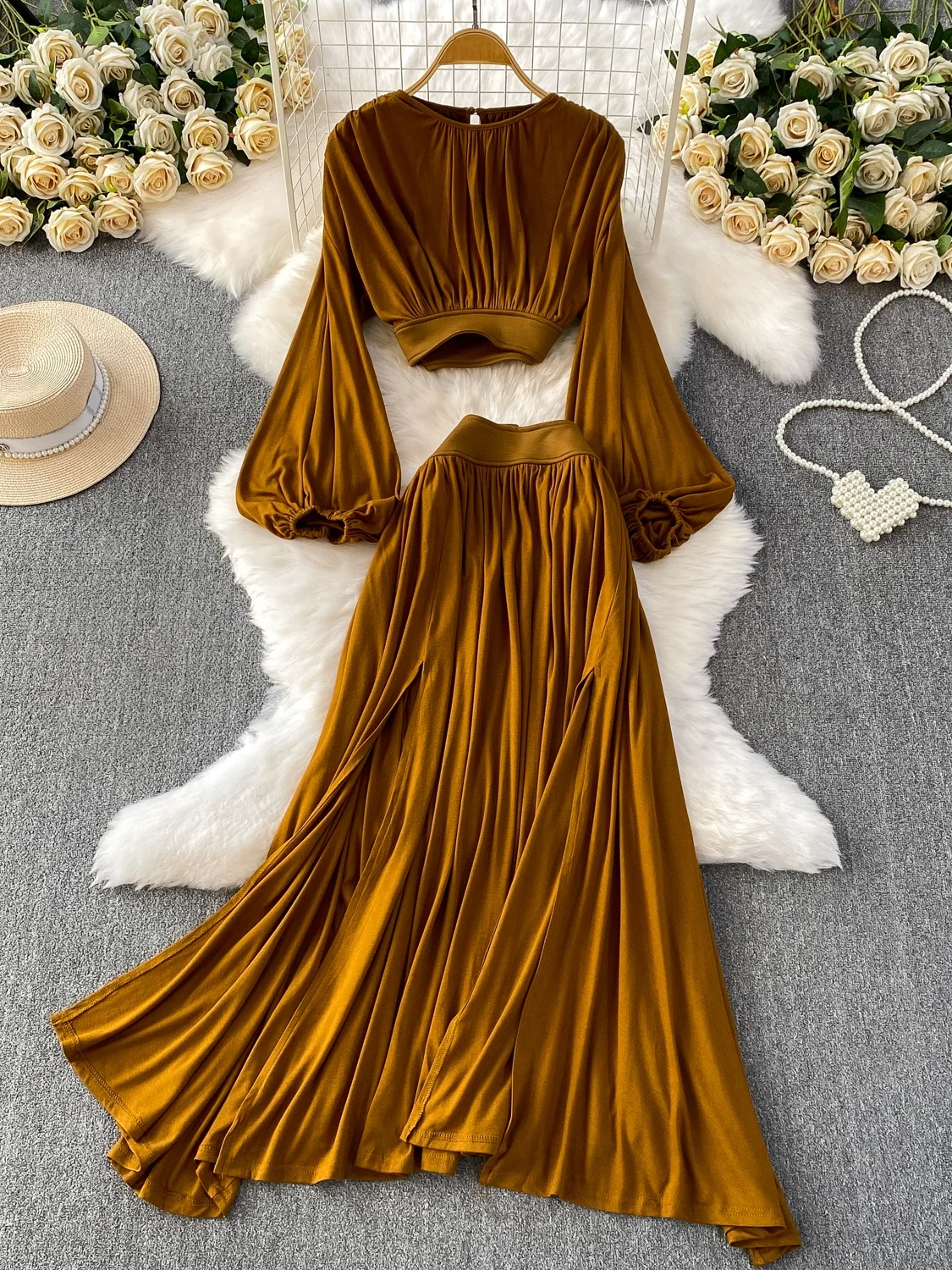 

Chic ort Folded Waist Lantern Sve Top High Waist Slimming Asymmetrical Slit Long Skirt Set Lightweight Mature Sle