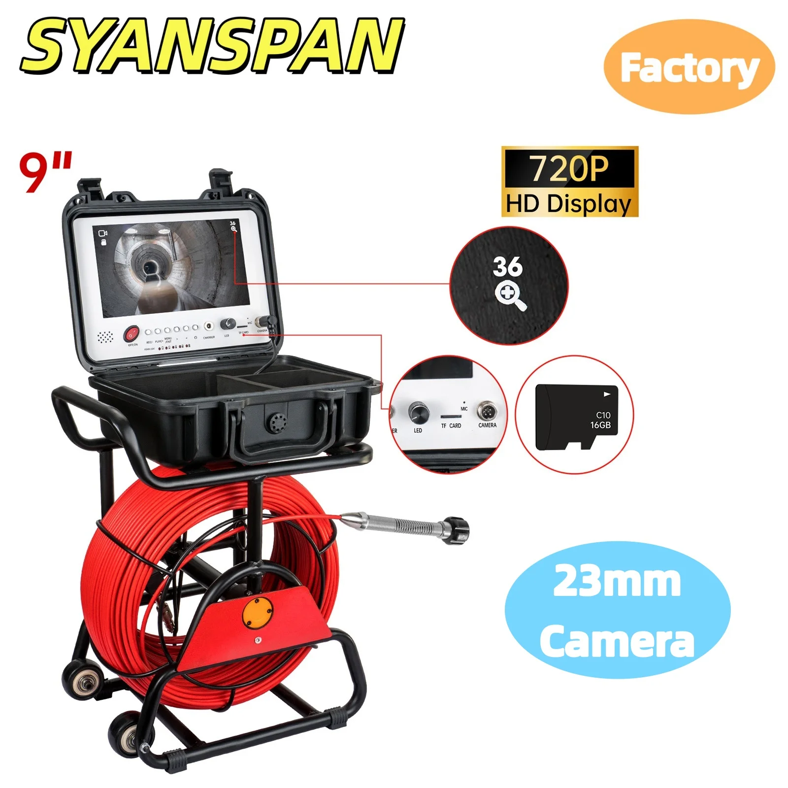 Sewer Drain Self-leveling+512HZ Sonde+Locator Pipe Inspection Camera Endoscope 9Inch HD Screen 5MM Cable 16GB DVR