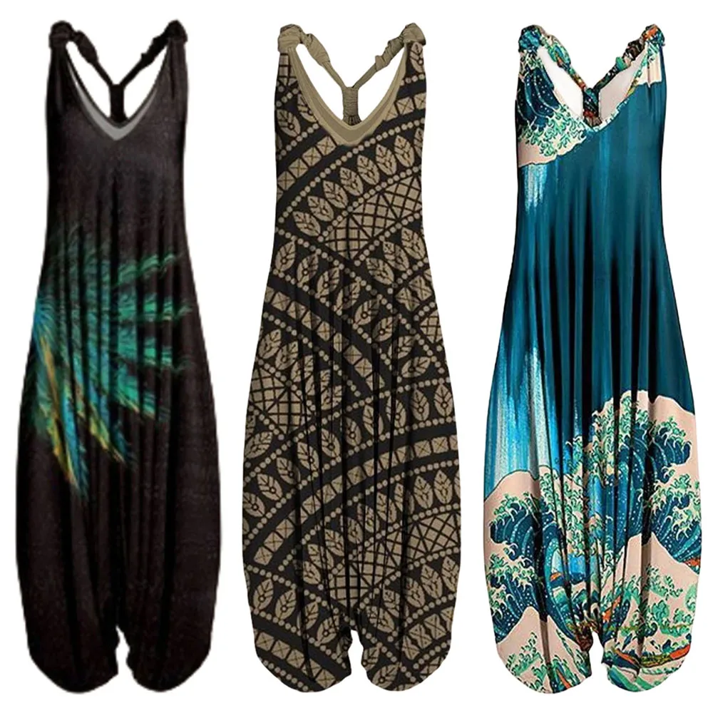 

Women's print fashion jumpsuit comfortable fabric loose sleeveless strap plus size S-5XL jumpsuit