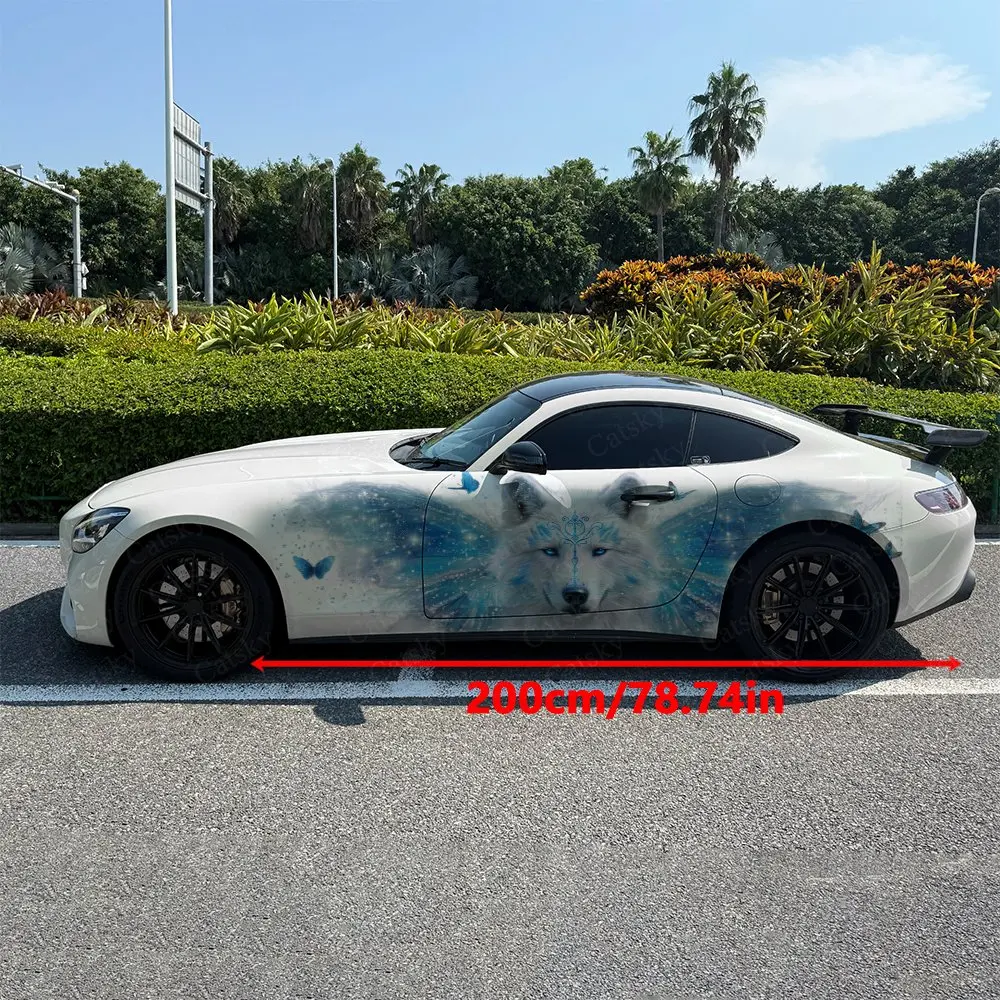 2pcs Fantasy Butterfly Surround Wolf Car Side Wrap, Self-Adhesive PVC Waterproof & Scratch-Resistant Sticker, Car Accessory Gift
