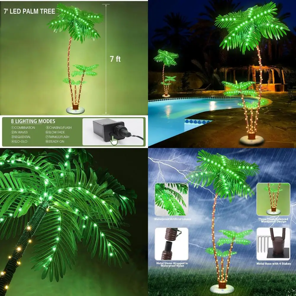 

7-Foot LED-Illuminated Artificial Palm Tree for Outdoor Christmas Decor, Ideal for Patio, Yard, Poolside, and Deck Parties