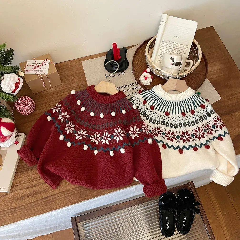 New Year Red Girl Sweater Autumn and Winter New Style Children Warm Base Layer Fashionable Girl Thicker Knit Top