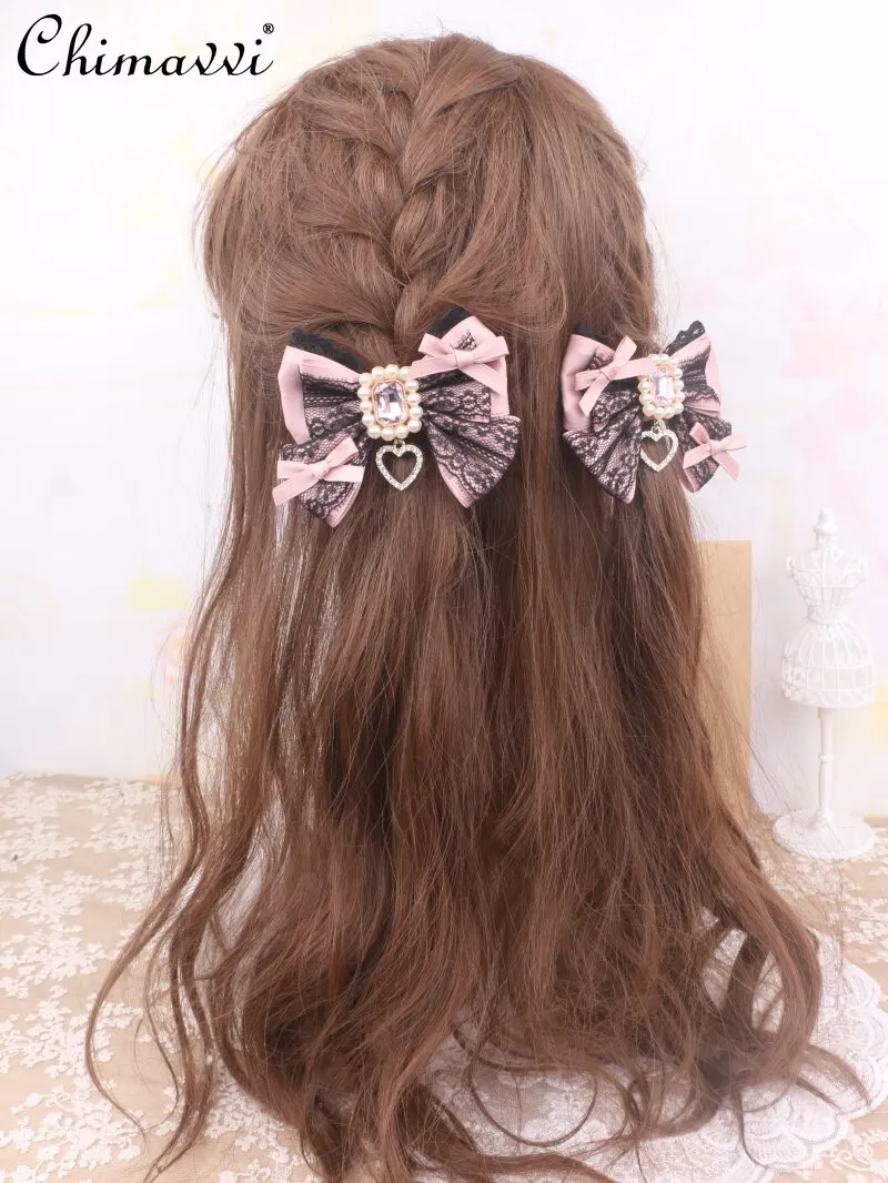 

New 2026 Japanese Style Mass Production Cute Headwear Sweet Girls Lace Rhinestone Bows Hair Accessories Side Clip Hairpin