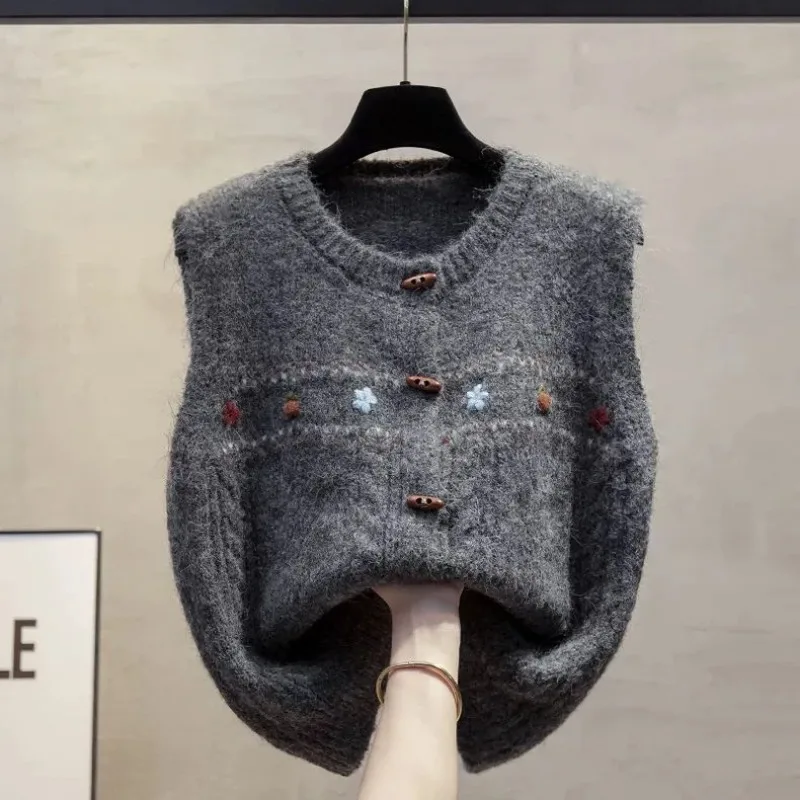 

Кардиган с вышивкой, вязаный жилет с круглым вырезом для женщин, осенне-зимний новый жилет, свитер
