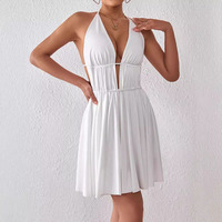 Summer Women Deep V-Neck Halter Dresses Sexy Backless Lace-Up White Mini Dress Woman Sleeveless Pleated A-Line Beach Dress Robes