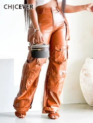 CHICEVER Streetwear Leather Cargo Trousers For Women High Waist Spliced Pockets Vintage Solid Loose Pants Female Autumn Clothing