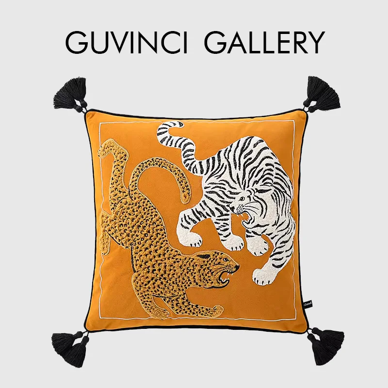 GUVINCI Modern Mashup Style Decorative Cushion Covers Luxury Tiger Leopard Appliqued Embroidery Pillowcase 50x50cm Free Shipping