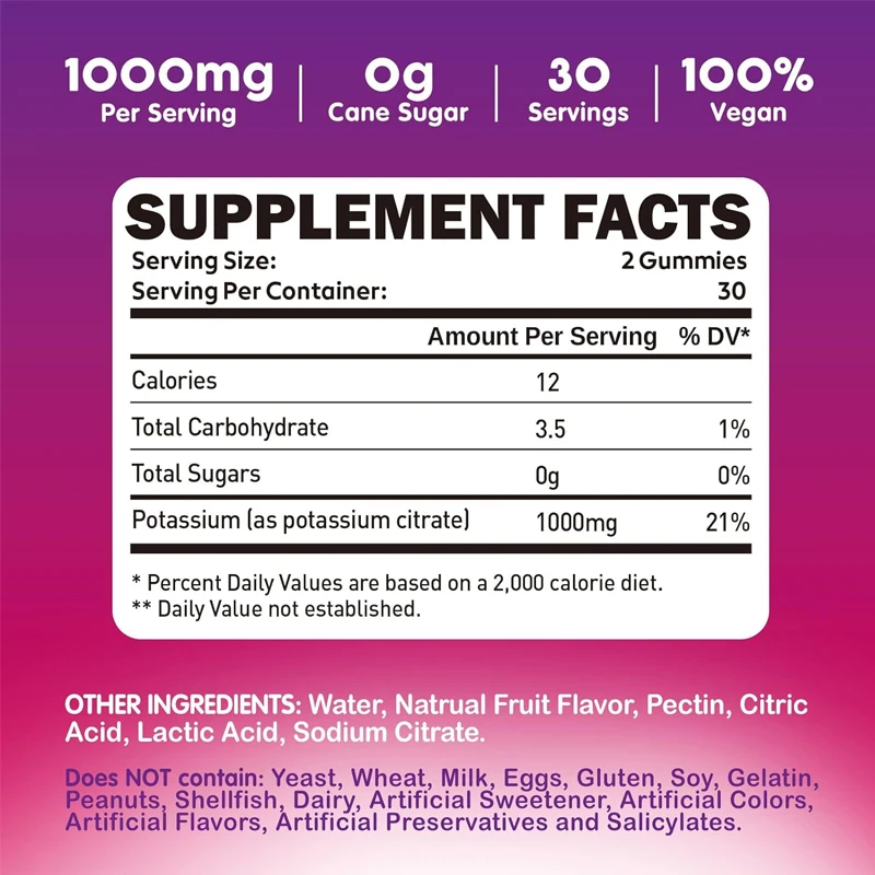 Potassium citrate 1000mg gummies, potassium supplement for adults and men, supporting leg spasms and muscle health, 60 pills