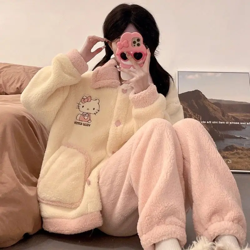

Пижамный комплект для девочек с героями мультфильмов, зимний пижамный комплект Sanrio Hello Kitty, милая утолщенная флисовая подкладка, уличная теплая уютная женская домашняя одежда для сна