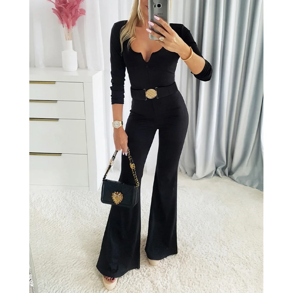 

Осень-зима женские черные комбинезоны с длинным рукавом U-образный вырез на молнии спереди с длинным рукавом облегающий расклешенный комбинезон с поясом для моды