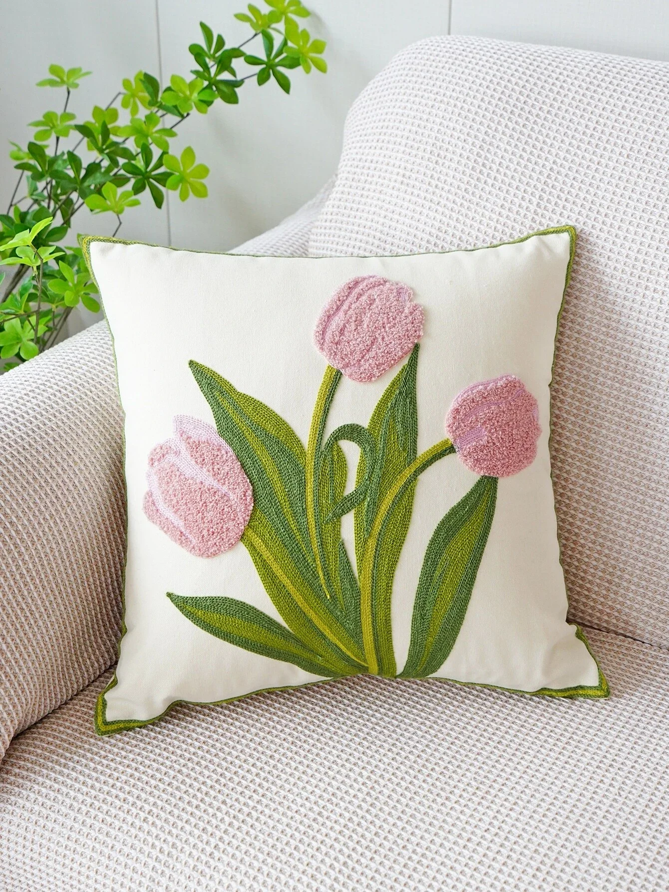 Flower Embroidered Cushion Cover, Modern Canvas Decorative Throw Pillow Cover