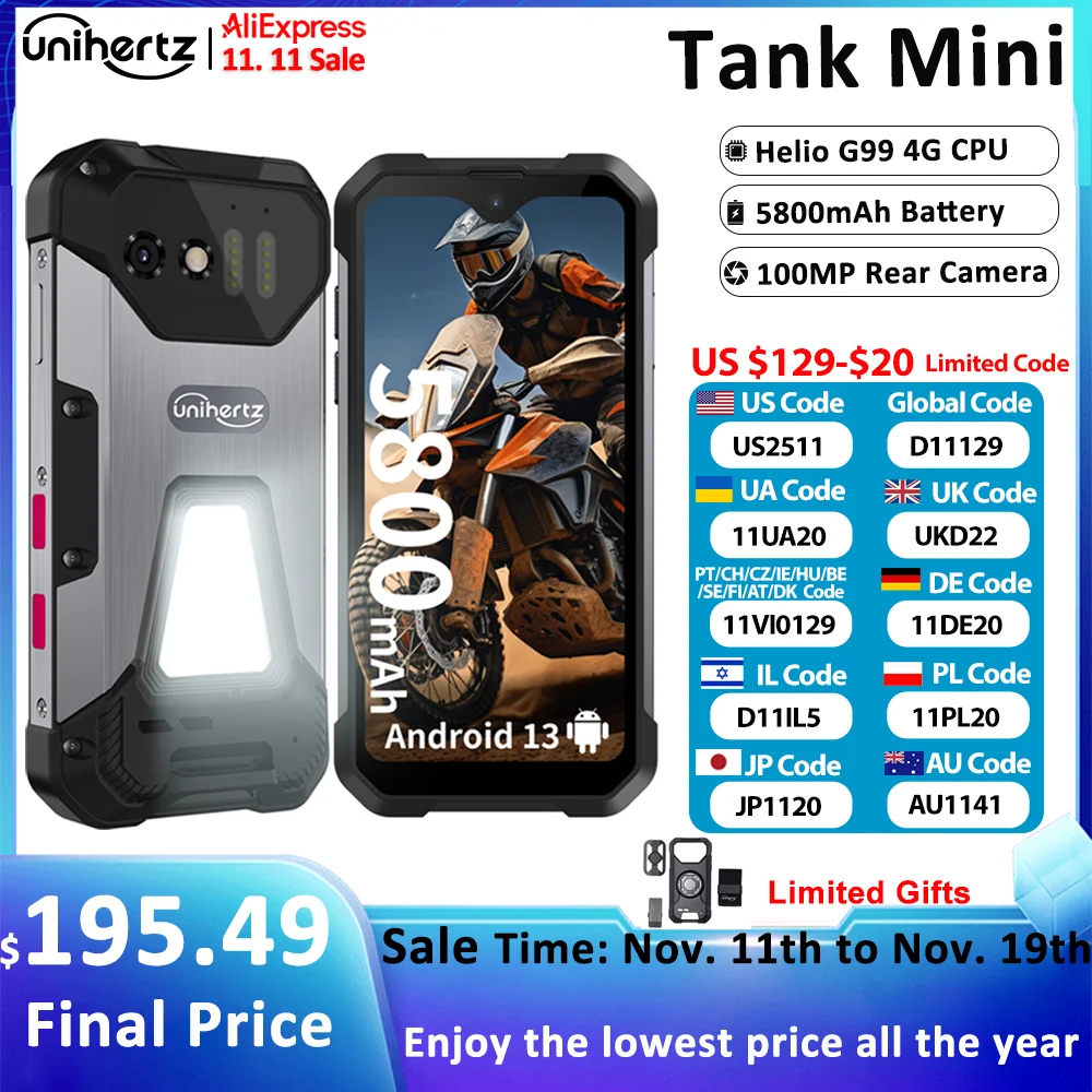 Unihertz 8849 Tank Mini Rugged Smartphone 4.3 Inch Display Android 13 Helio G99 Octa Core 5800mAh 100MP Cameras 16GB 256GB IP68