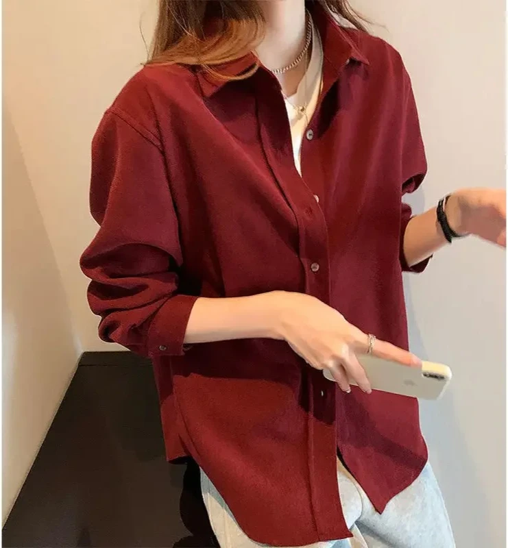 

Women's Long Sleeve Corduroy Shirt Vintage Hong Kong Style Layering Fashionable Button up Casual