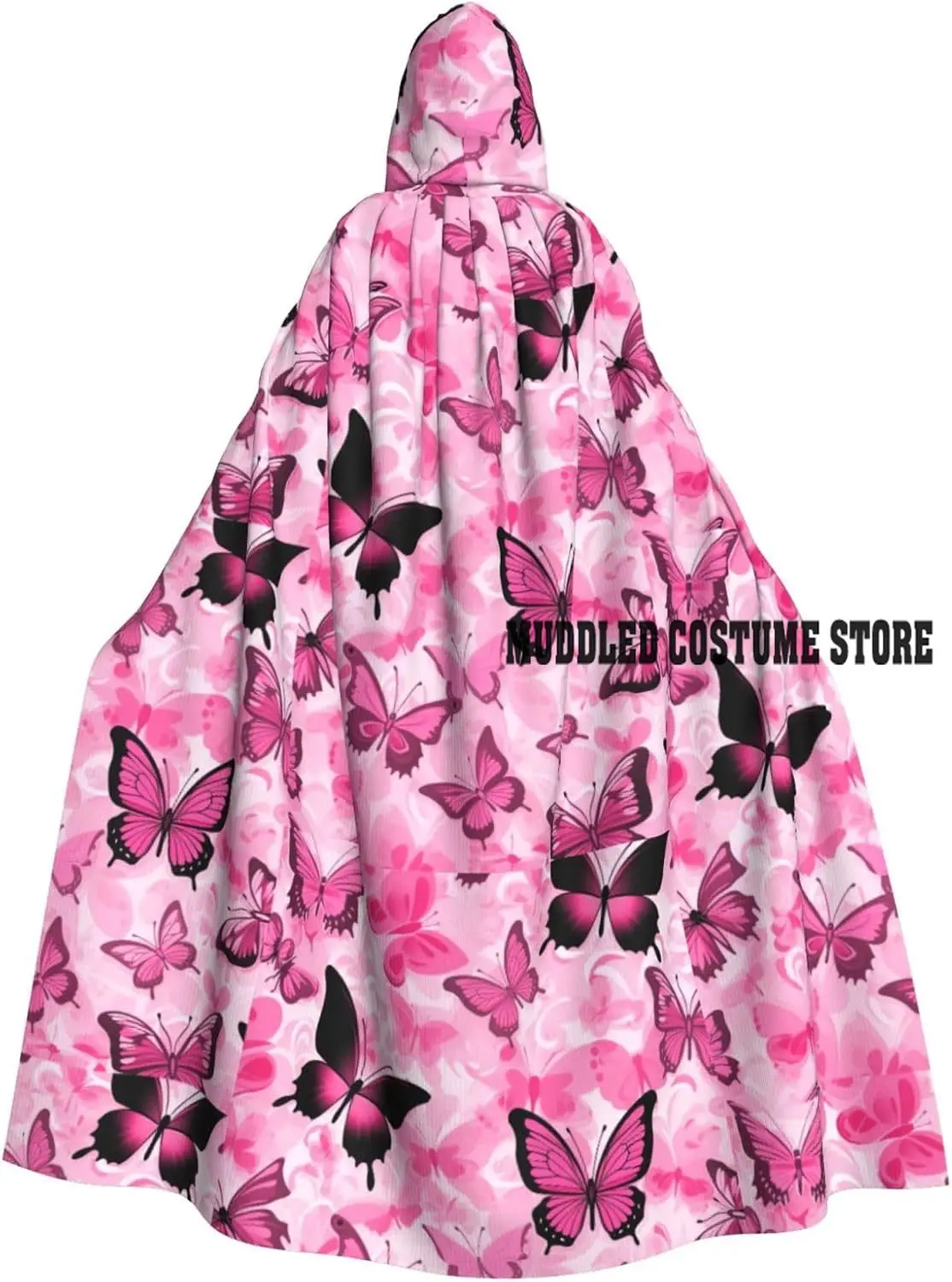 

Pink Butterfly Seamless Tile Print Halloween Hooded Cloak Medieval Renaissance Style Costume Unisex Wizard Role Play