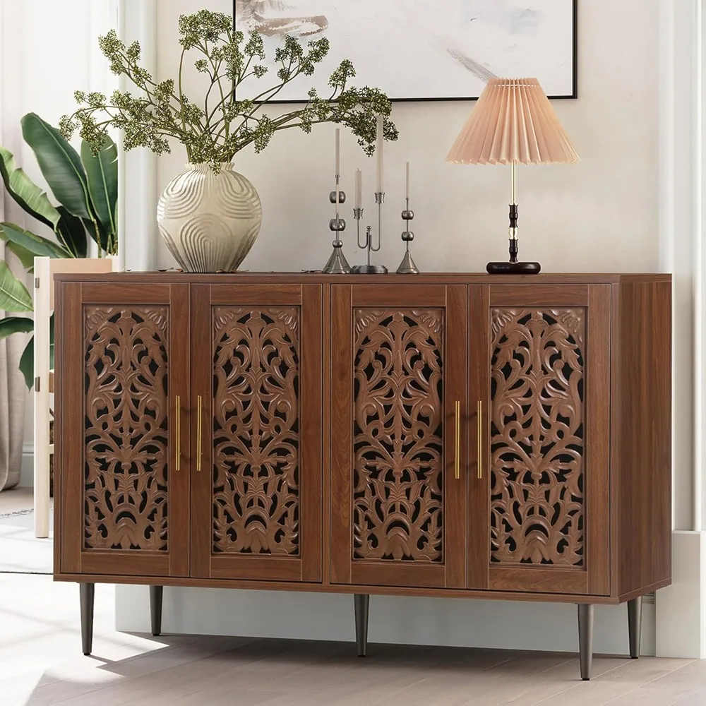 47.8” 4-Door Decorative Cabinet, Vintage Openwork Carved Buffet, Brown