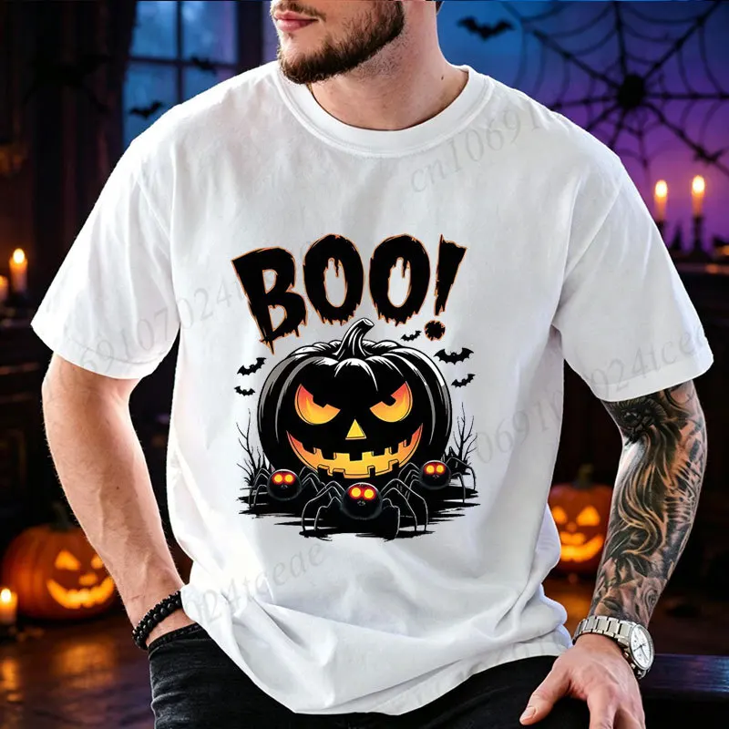 Halloween Boo Pumpkin Print T‑Shirt O‑Neck Casual Tee Spooky Spider Bat Graphic Tops Holiday Party Family Matching Clothing