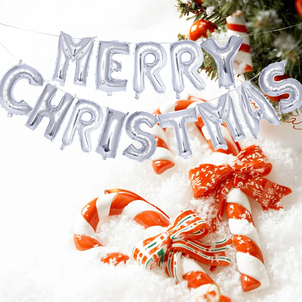 

2Sets Christmas Foil Balloons Merry Christmas Letters Banner 16 Inch Festive Holiday Decorations Silver for Party Home