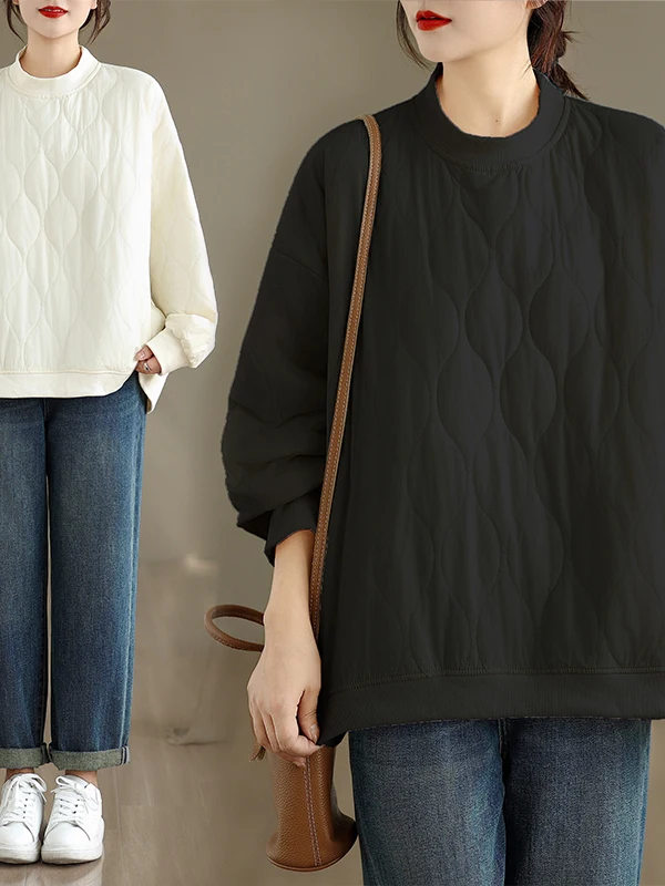 Casual Loose Lightweight Warm Cotton Filled Hoodie Brand Small Dark Style Stitched Jacket for Women Thick Long Sleeve round Neck