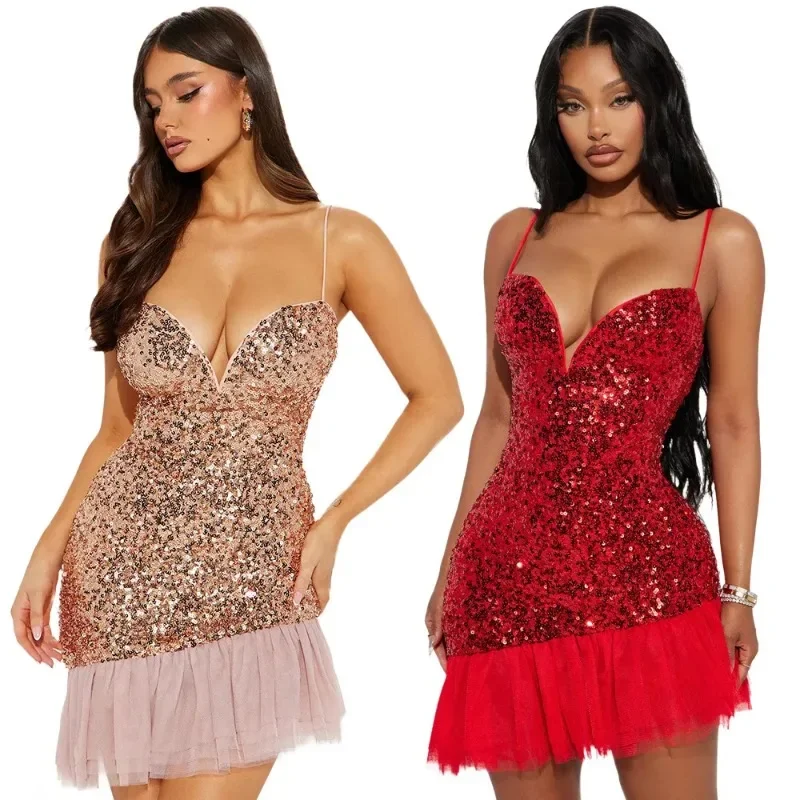 

Women Sequined Mesh Patchwork Strap INS Bodycon Mini Dress 2024 Fall Sexy Evening Night Party Club Prom Vestidos Dresses