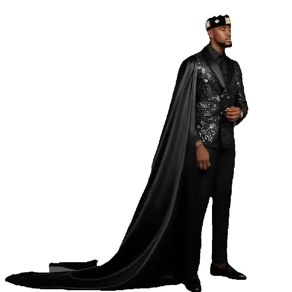 

Black Wrap Men Suit Set 2 Pcs Sequins Blazer+Pants Trousers Luxury Shiny Wedding Tuxedo Formal Office Jacket Coat Customized