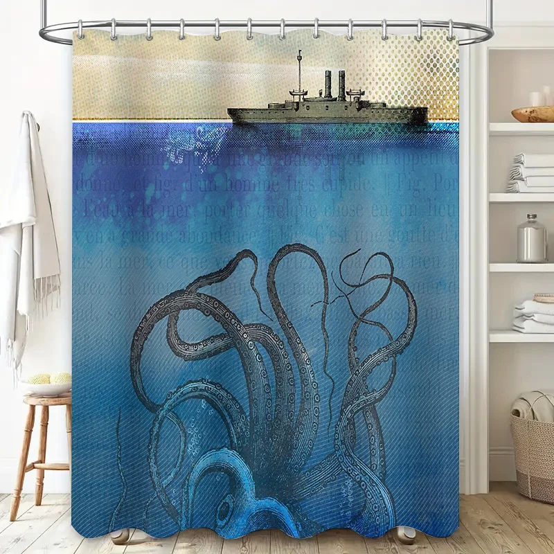 Ocean Tentacle Shower Curtain Gothic Sea Monster Decor Nautical Bathroom Set Vintage Horror Halloween Backdrop