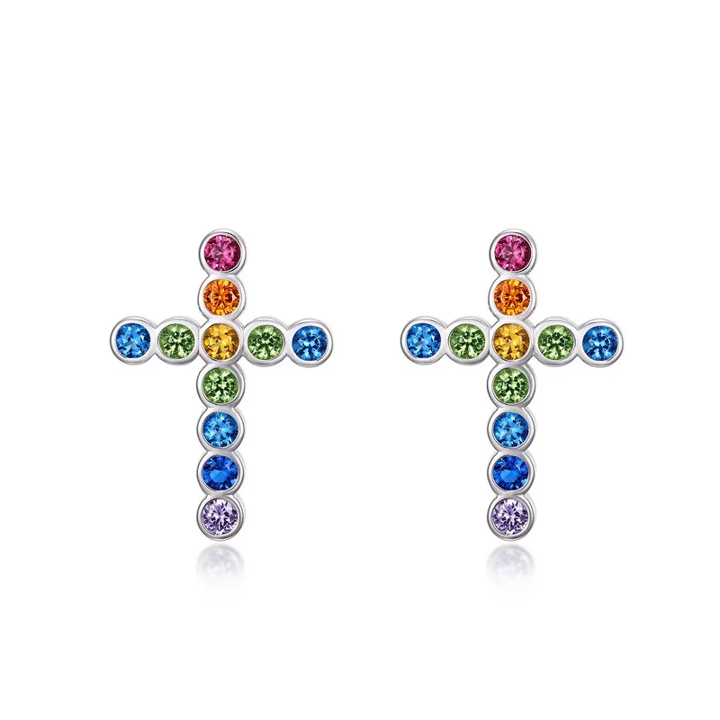 

Rainbow Color Zirconium Earrings Women S925 Silver Zircon Hip hop Cross Earrings Cd Earrings Luxury Silver 925 Earrings 100%