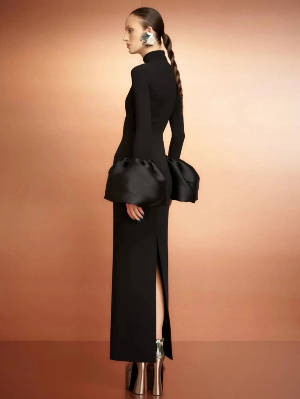 Modphy Women Elegant Evening Club Party Trumpet long sleeves Sexy Turtleneck Tight Maxi Bandage Dress Black Vestido