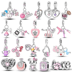 Pink Series Silver Plated Beads Heart Cat Bear Perfume Charms Fit Original Bangle Bracelet Pendants Fine Jewelry Gift