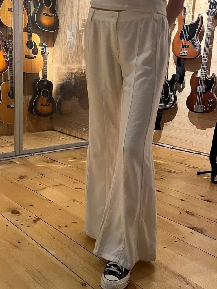 Lässige Frauen weiße ausgestellte Hose 2023 Sommer Vintage hohe Taille Button-up-Hose einfarbige weibliche schicke Hosen